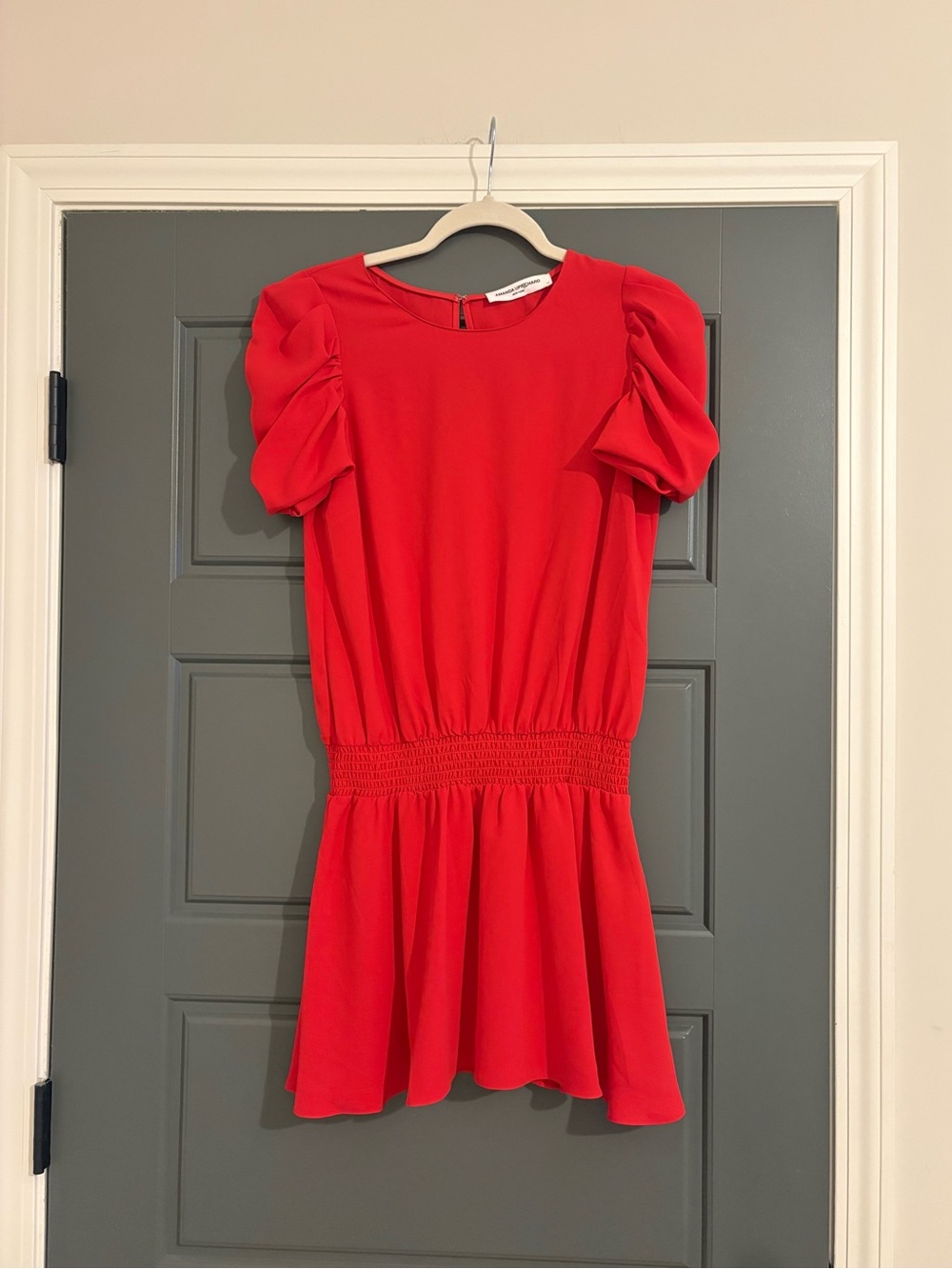 Amanda Uprichard Red Puff Sleeve Smocked Waist Mini Dress Size XS
